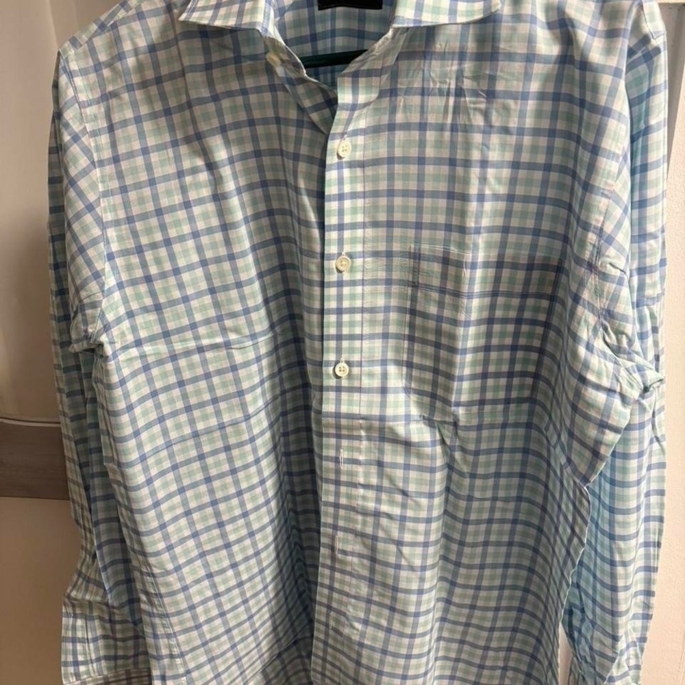 Alton Lane Mens Blue Green Gingham Check Long Sleeve Dress Shirt Spread Collar